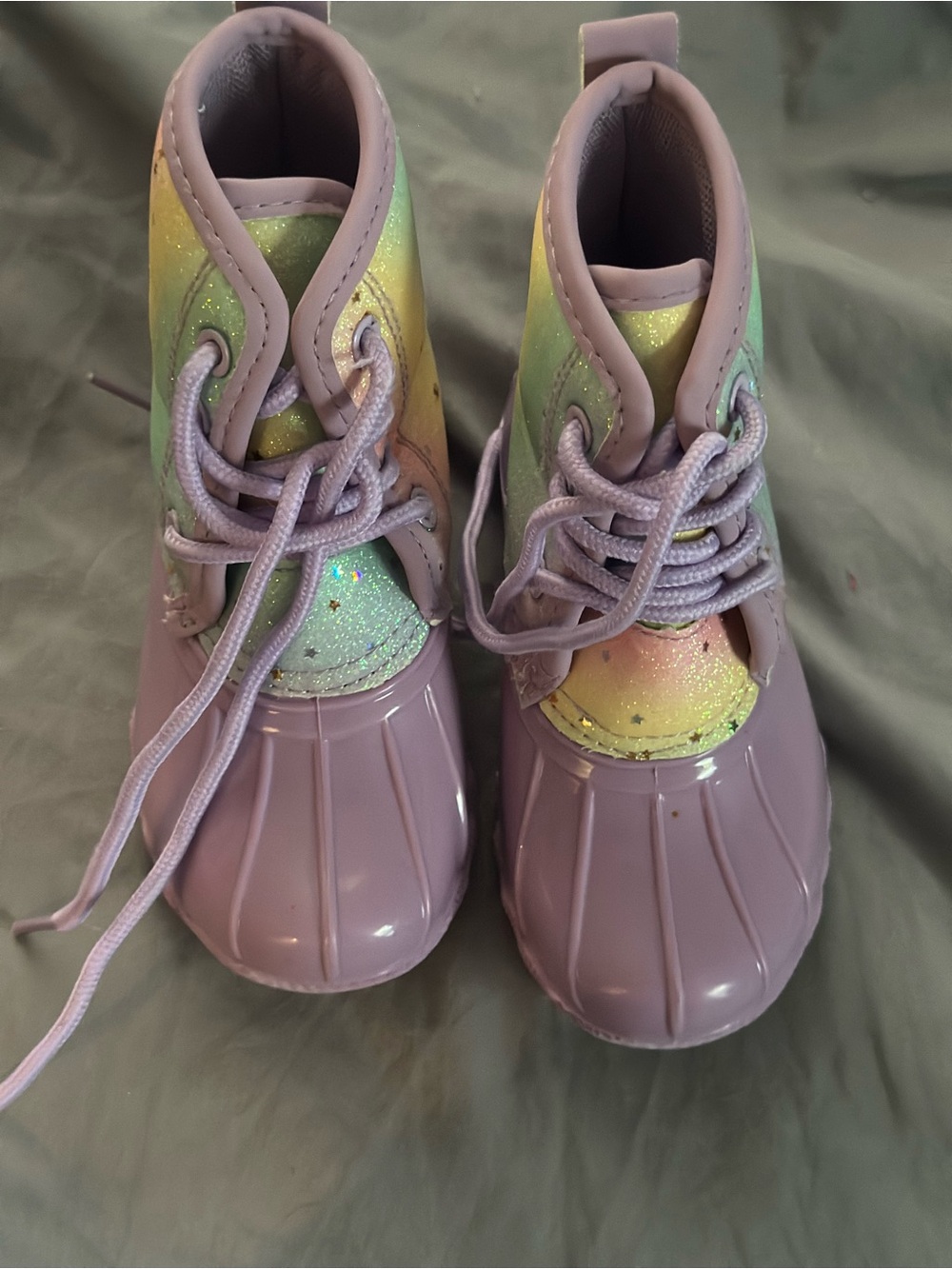 Kids Lavender Rainbow Glitter Rain Boots - Casual Lace-Up